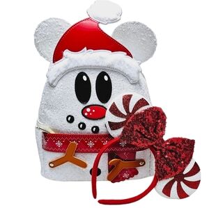 DISNEY Loungefly Mickey Mouse Sequin Snowman Mini Backpack + Handmade Ears